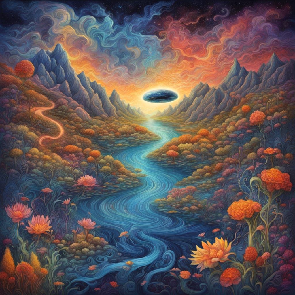 Dreamlike Cosmic Encounter in Vibrant Surrealist Style