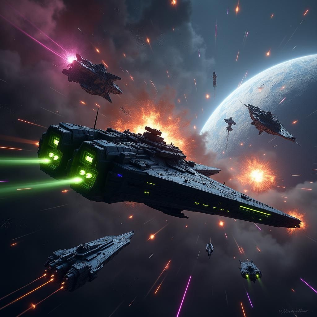 Space Battle with Neon Accents in IMAX Style