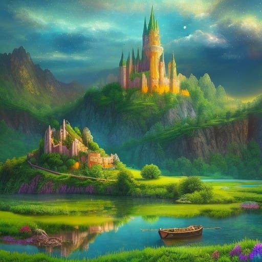 Magical Fairy Castle Landscape in Neo-Primitivist Style