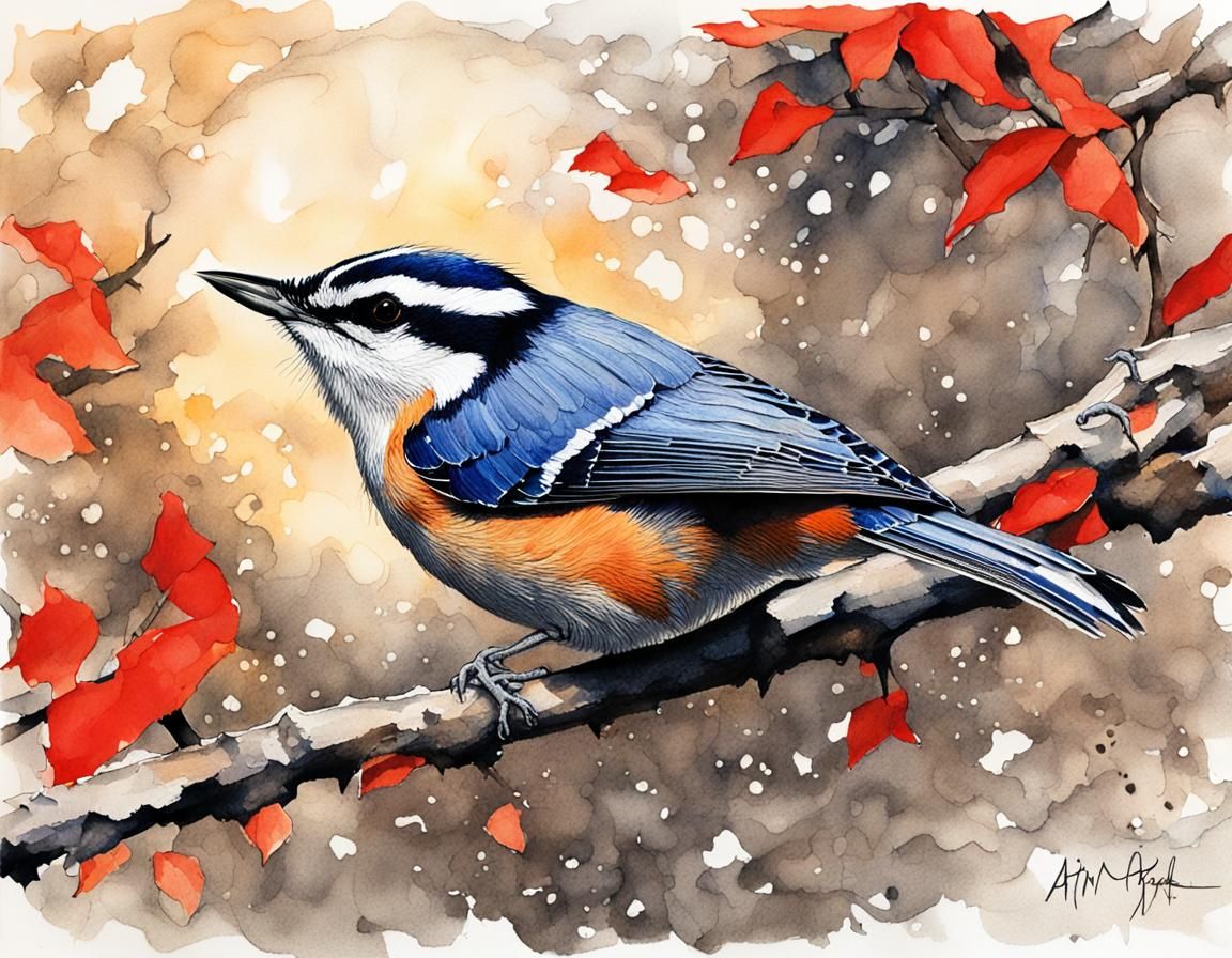 Red-breasted Nuthatch in Watercolor Impressionism