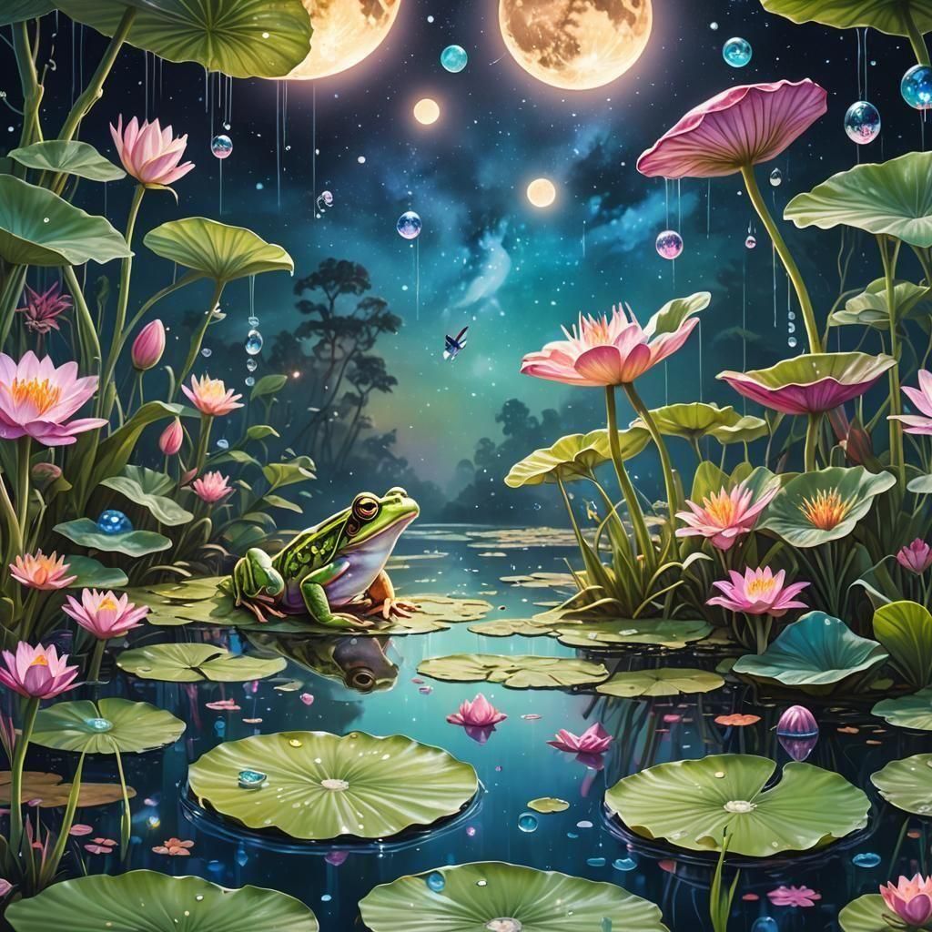 Frog's Lunar Leap: A Holographic Astral Illustration