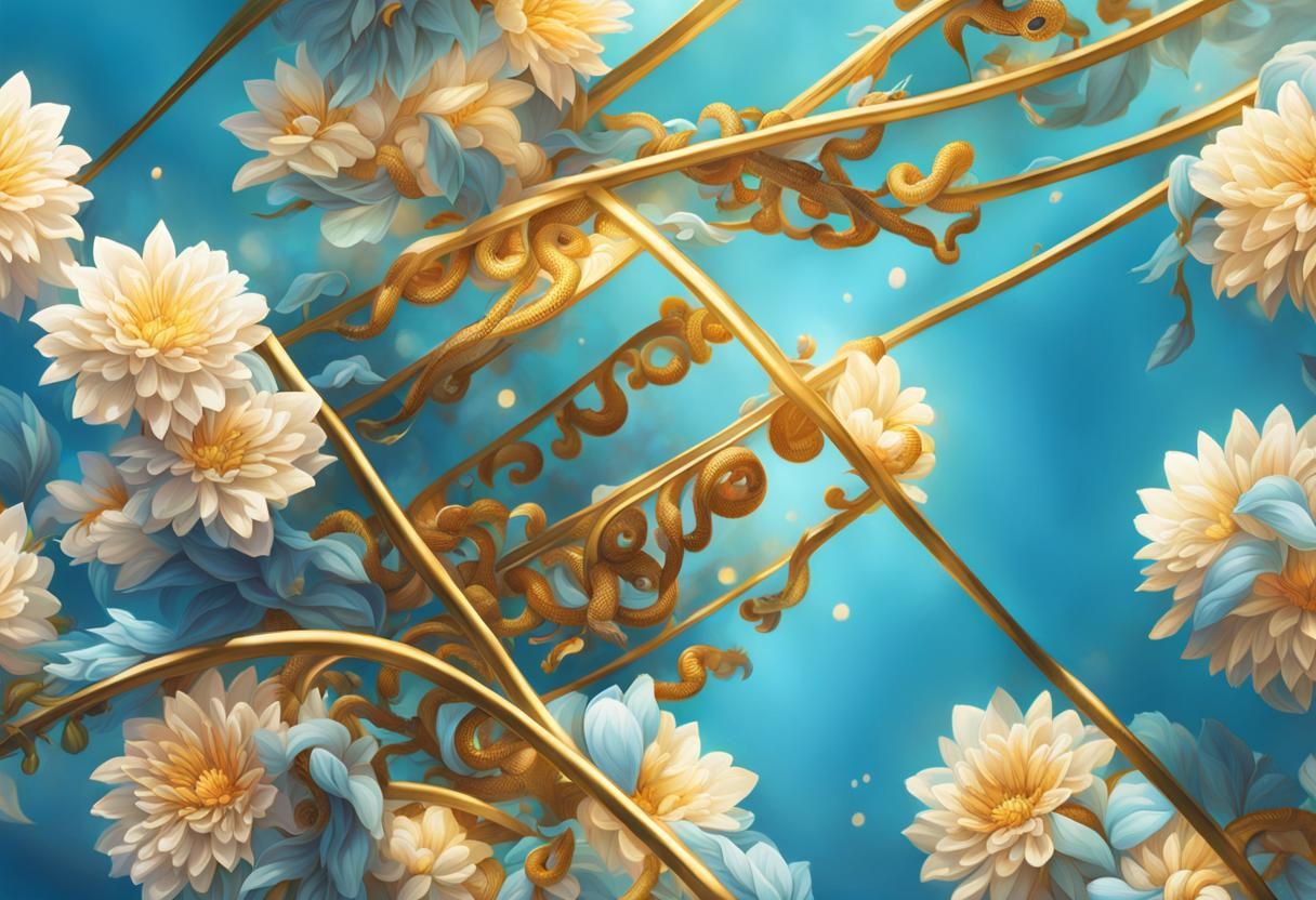 Blue Snake Coiled Around Flowers: Splash Art