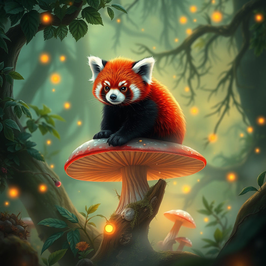Red Panda on Glowing Mushroom in Dreamlike Forest
