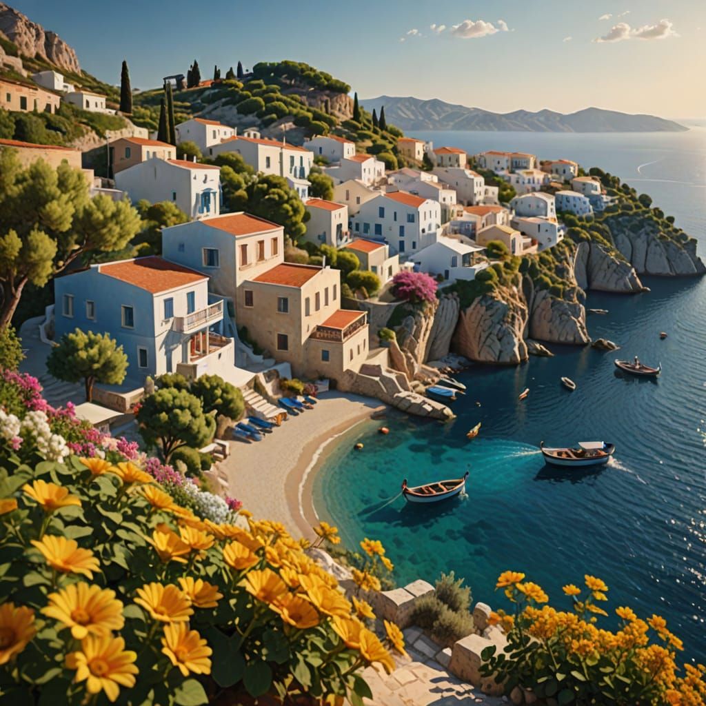 Greek Village Masterpiece in Vibrant Colors