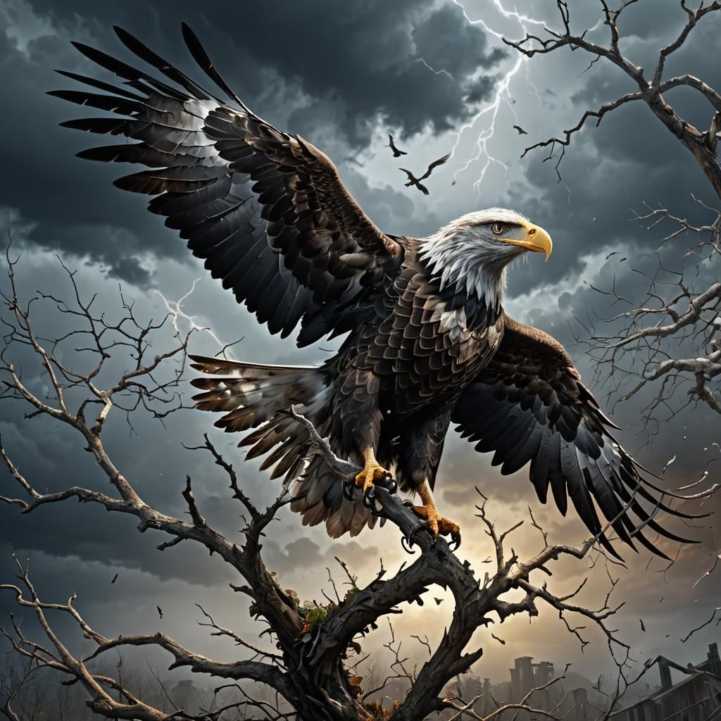 Surrealistic, the trees bend in the wind. A medium shot of an eagle sitting on a branch without feathers, the eagle has ...