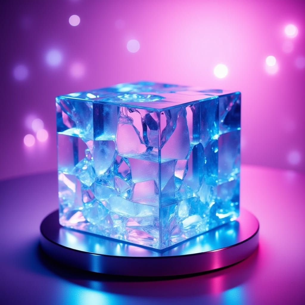 Glassy Dreamy Translucent Water Cube on Sparkling Background