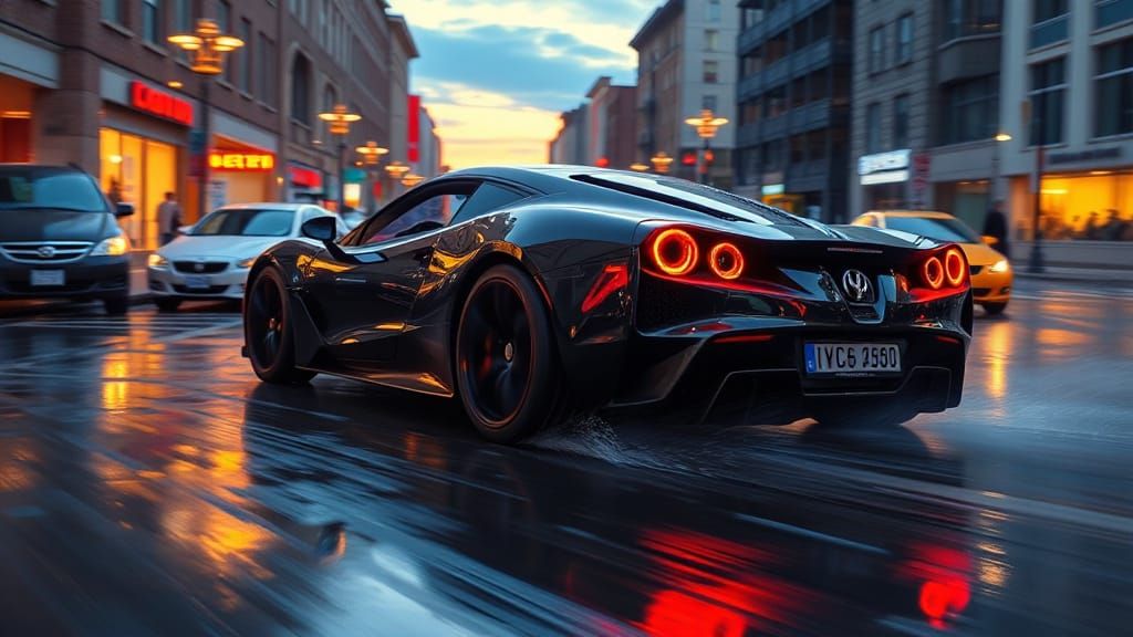 Sleek Sports Car Speeds Down City Street in Dramatic Hyper-R...