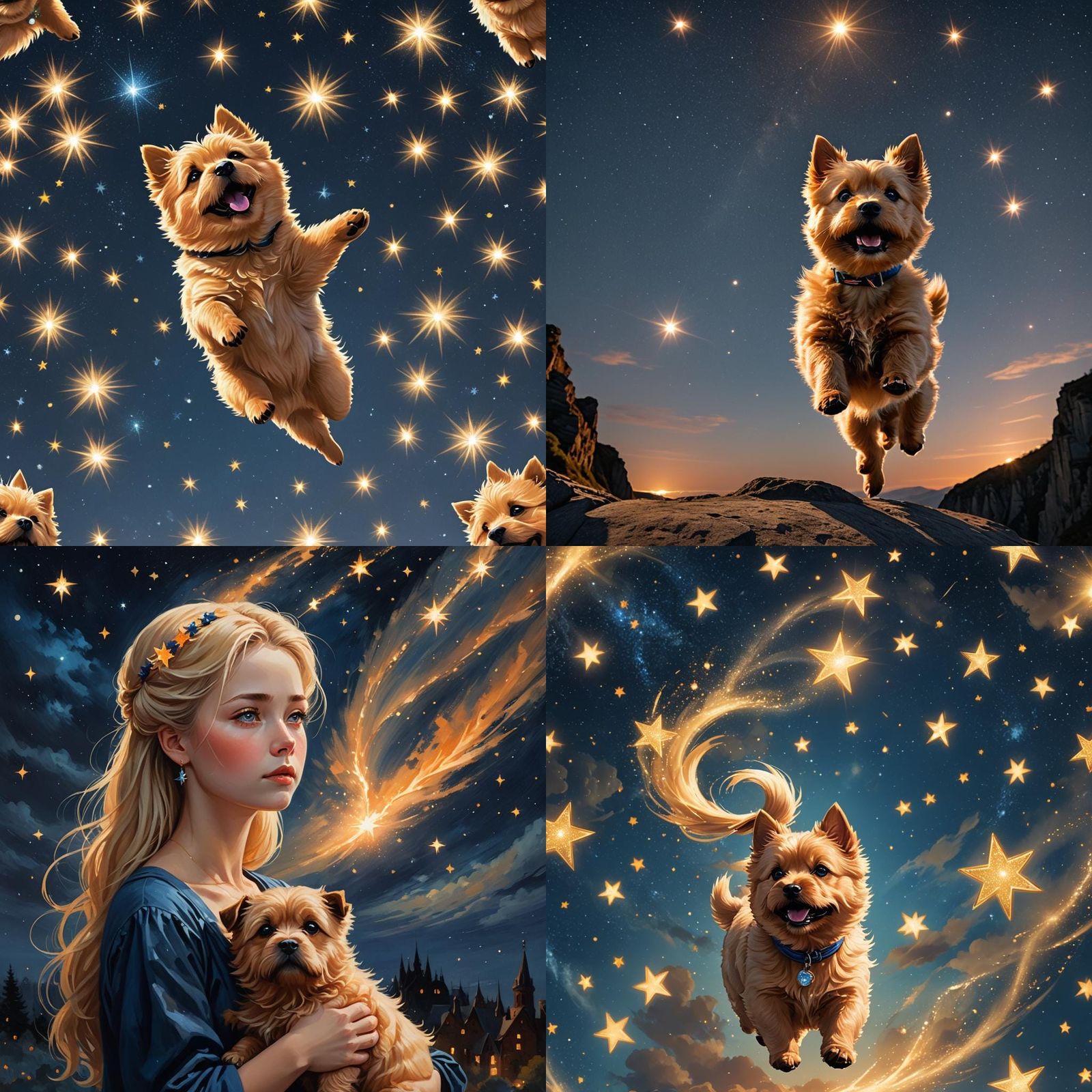 Norwich Terrier Flies on Star, Anime Art
