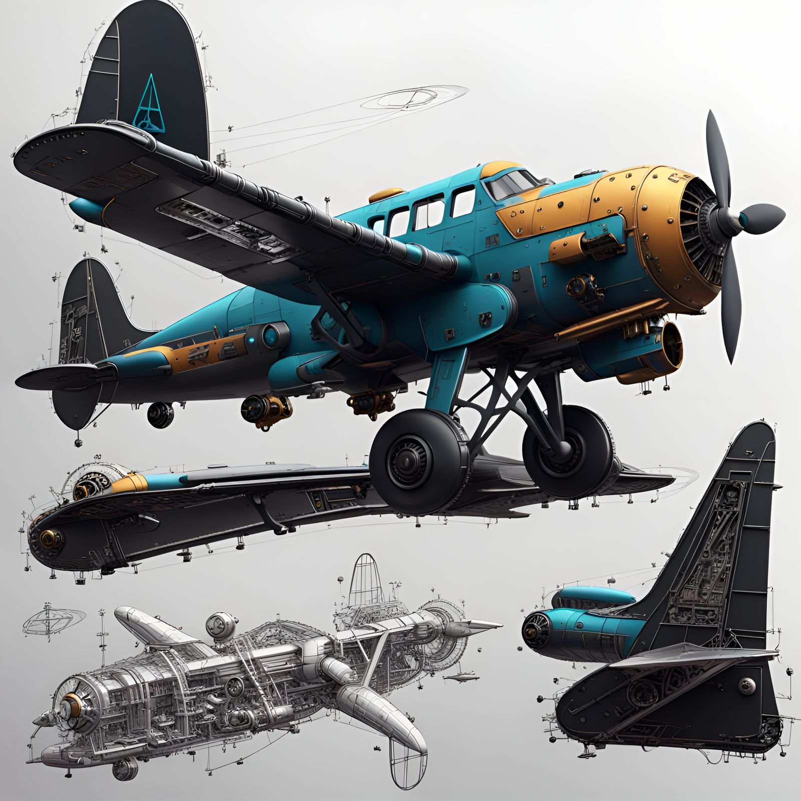 Brightly Decorated Plane in Ink Drawing Style