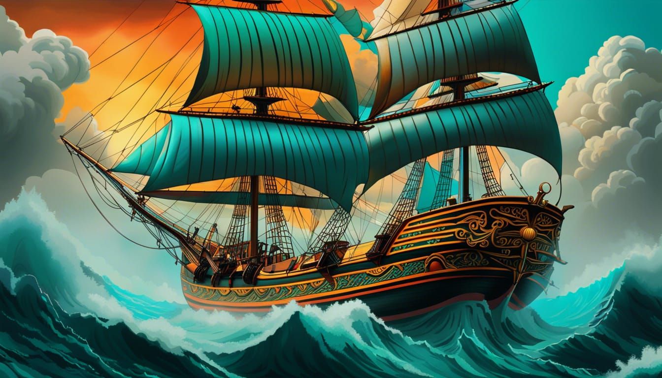 Clipper Ship Emerges in Baroque Pop Art Style