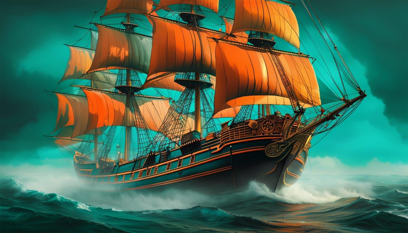 Clipper Ship Emerges from Fog in Pop Art