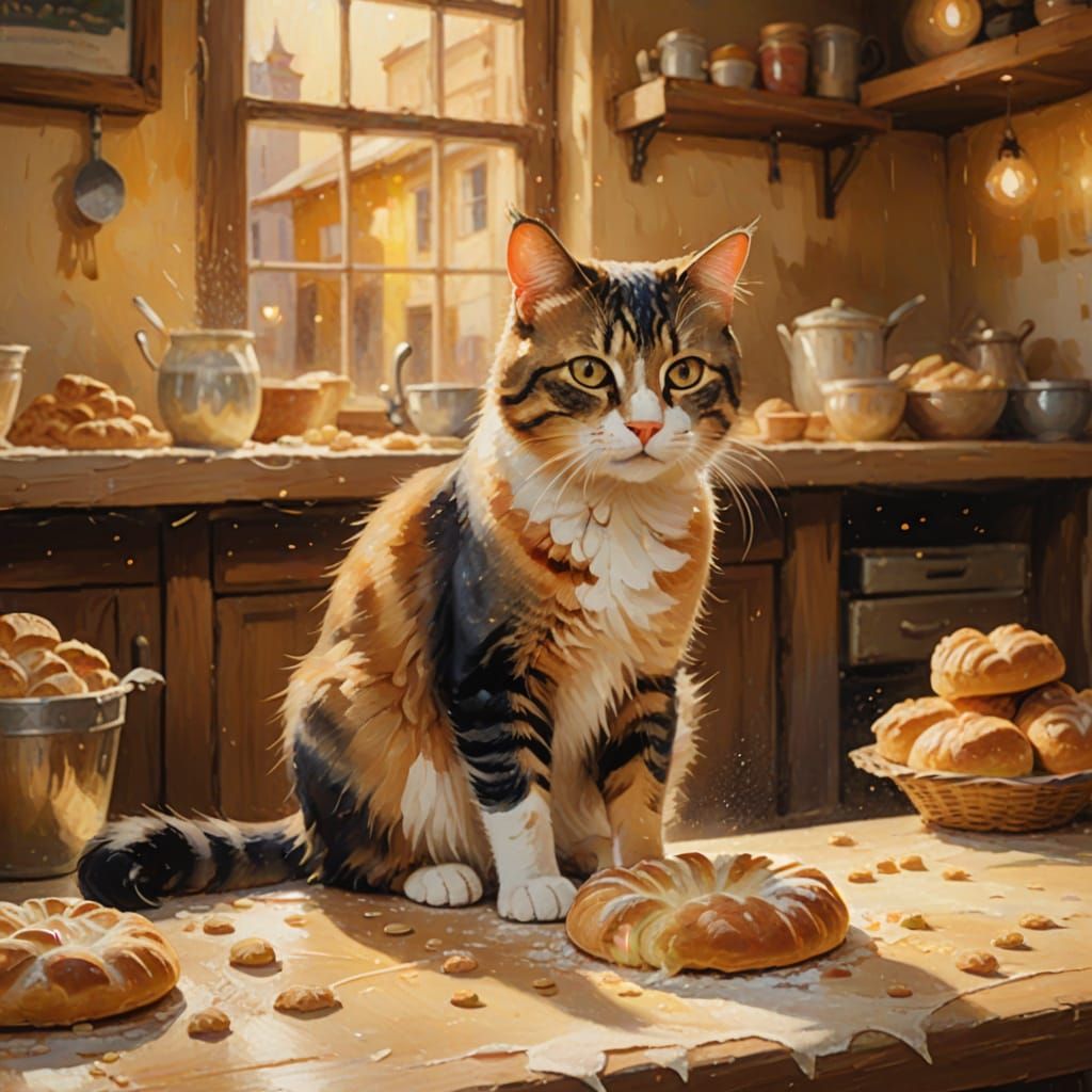 Whimsical Bakery Scene with a Kneading Cat in Soft Focus