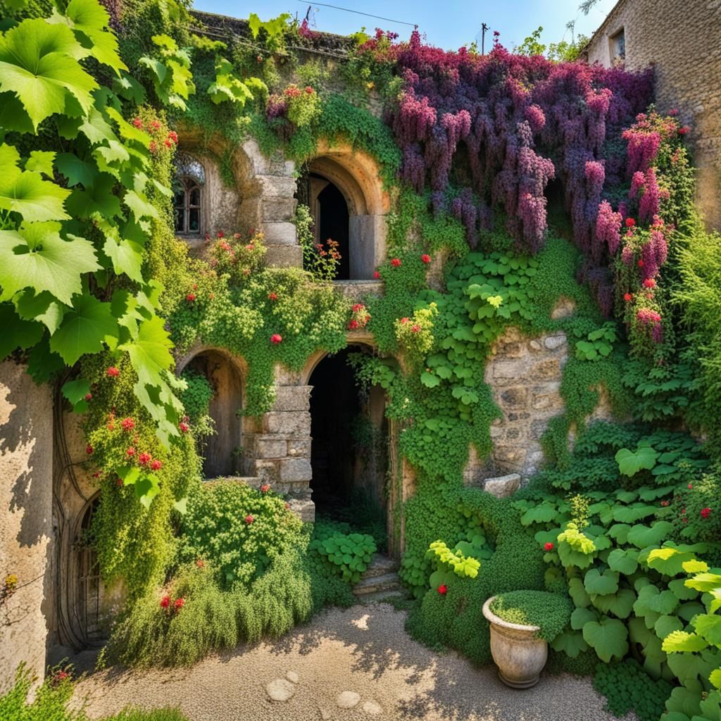 Lively Overgrown Garden with Colorful Plants and Flowers
