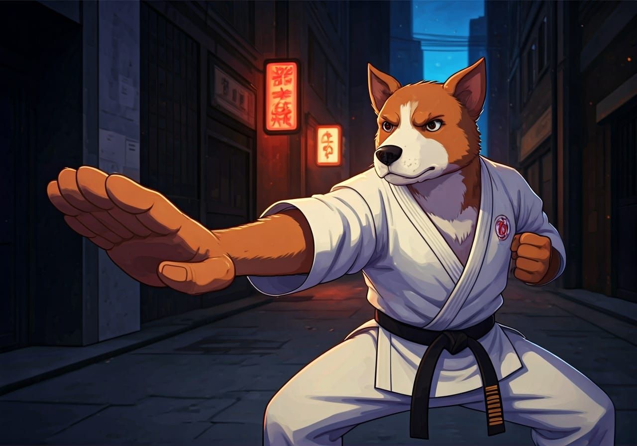 Dynamic Karate Dog in Manga-Inspired Action Pose