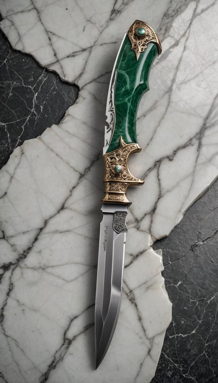 Jade Handled Dagger on Marble Table, Hyperrealistic Photo