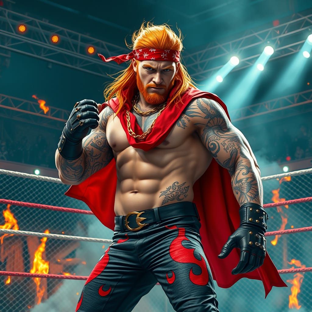 Cyberpunk Wrestler with Flame Tattoos in Neon Arena