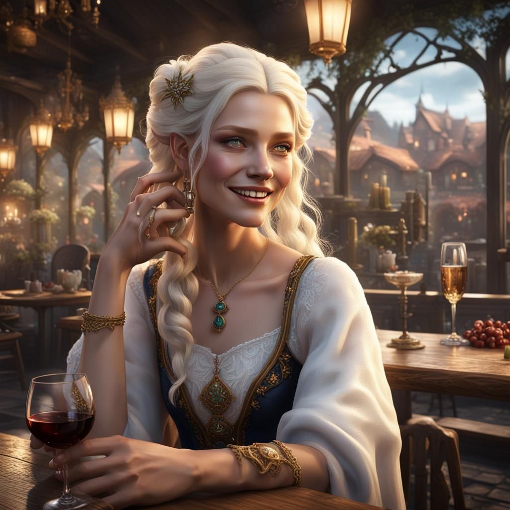 White Witch Enjoys Wine in Cozy Cafe