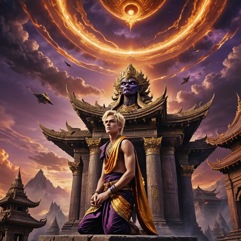 Boy on Temple Roof Watching Spaceship