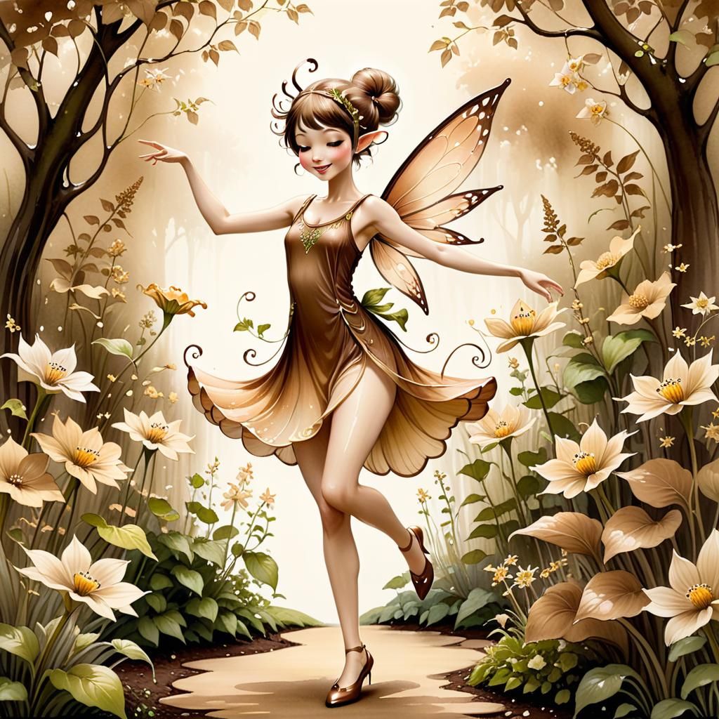 Whimsical Pixie Dancing in Garden: Hand-Painted Art