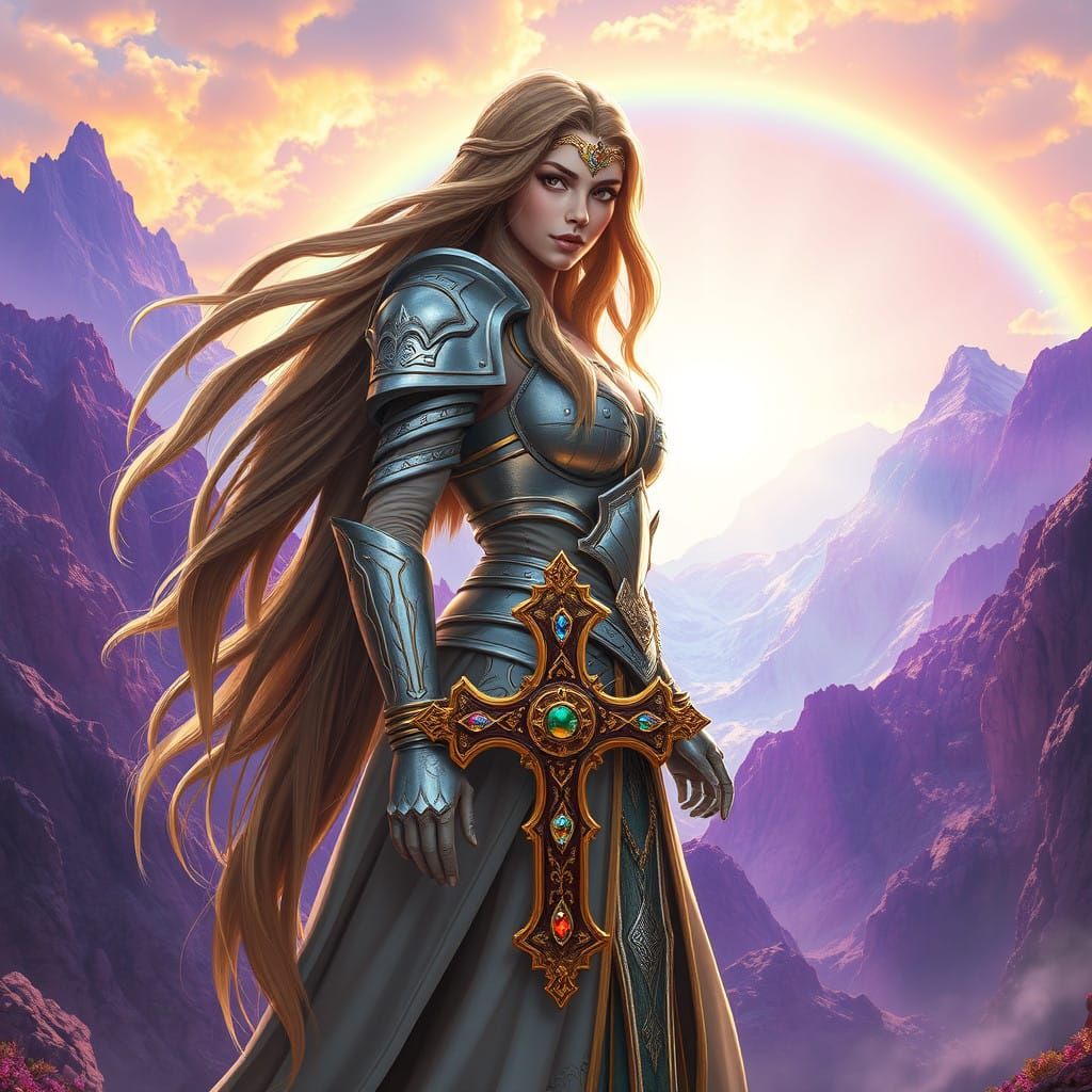 Warrior Goddess in Valleys of Purple Mountains Under Rainbow
