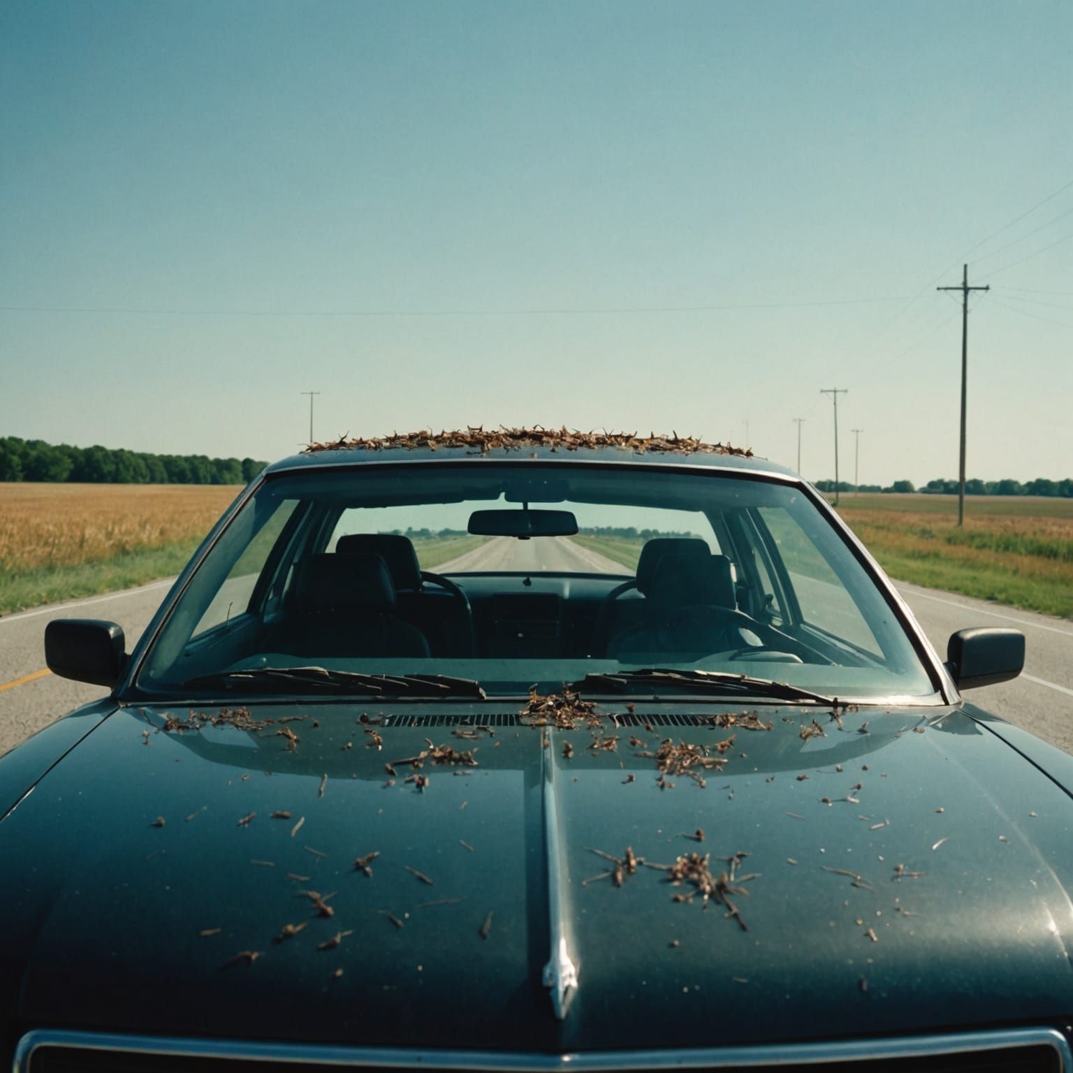 Bug-Covered Windshield View on Midwest Highway