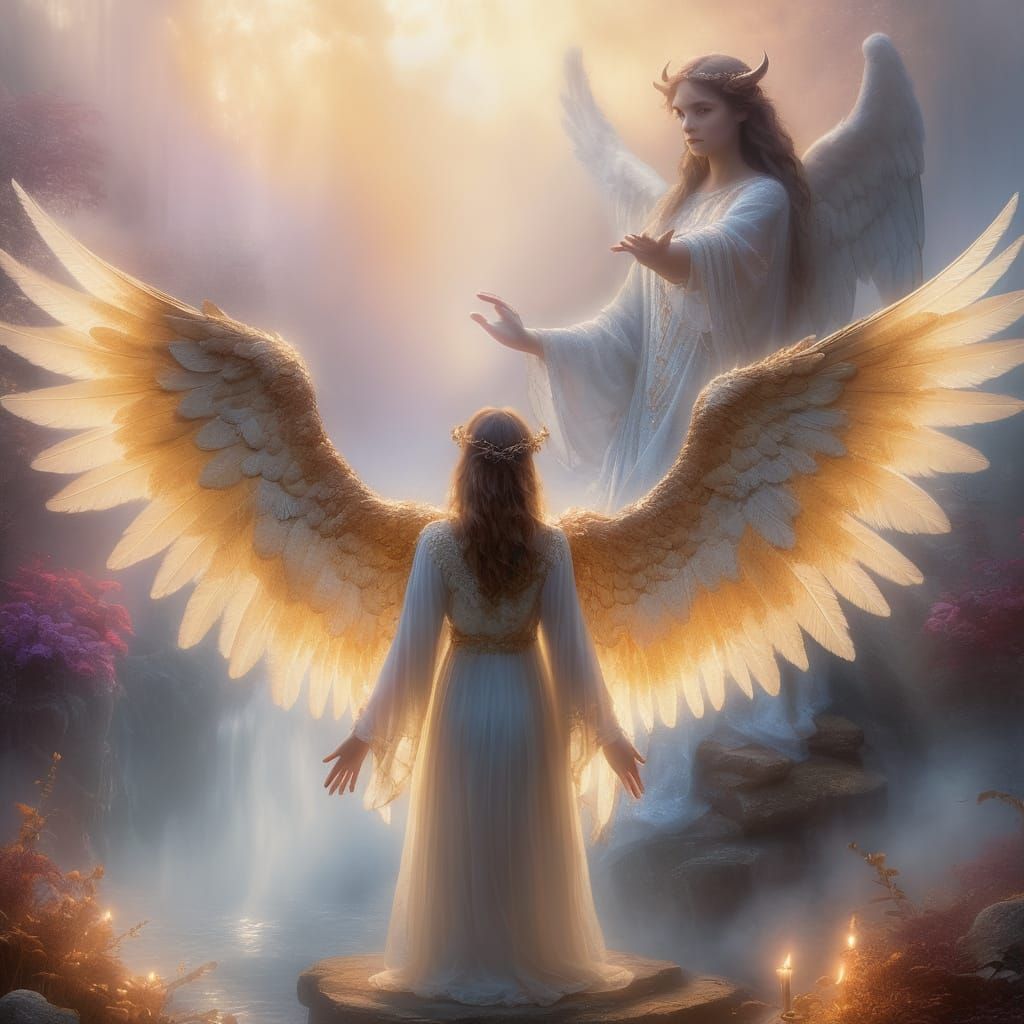 Surreal Encounter Between Angel and Demon in a Dreamy, Ether...