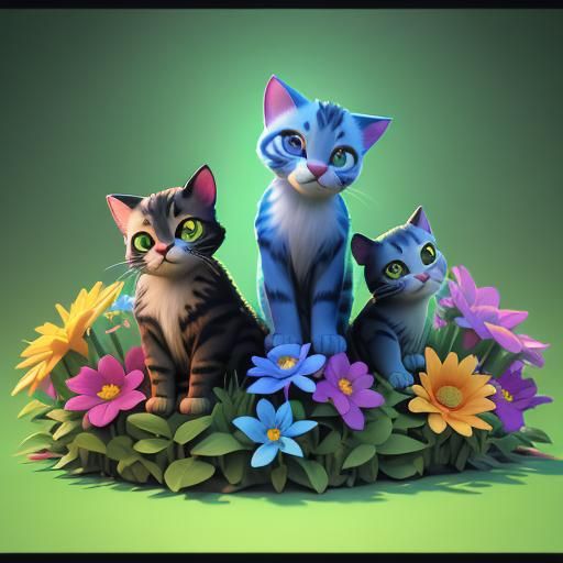 Playful Kittens in Flower Patch: 3D Digital Art