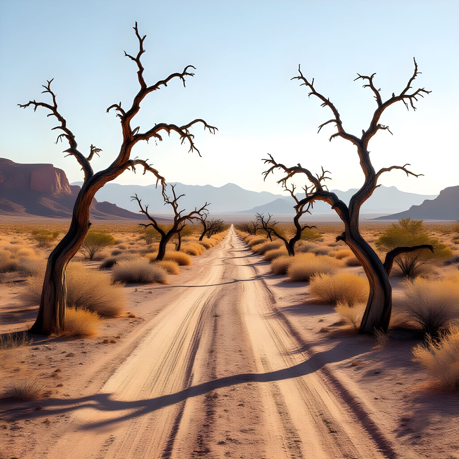 Hyperrealistic Desert Path with Arid Trees