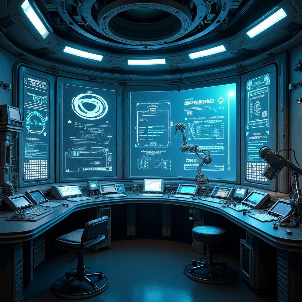 Cyberpunk Mechatronics Lab with Holographic Displays