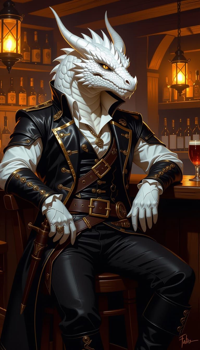Ghost Dragon Privateer Captain in Dimly Lit Bar