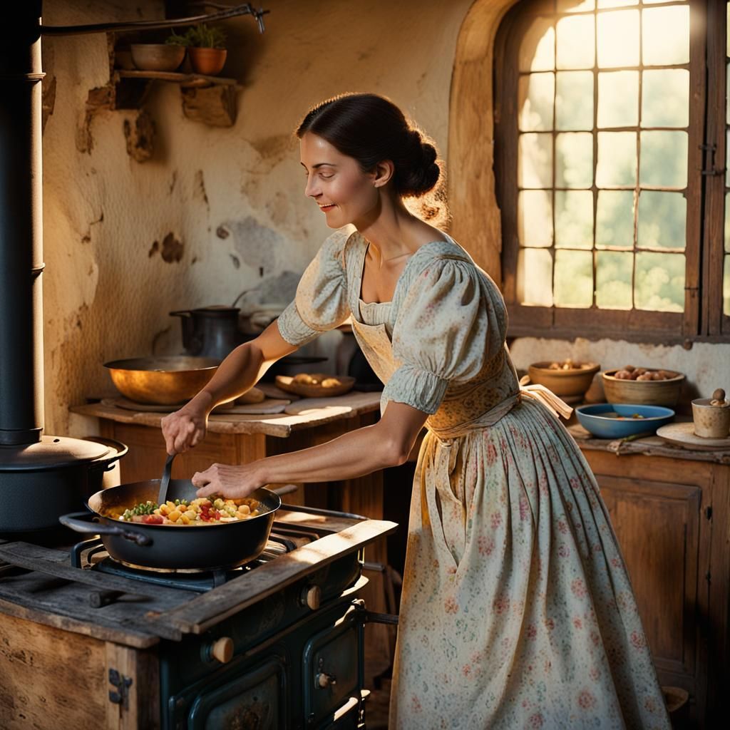 Italian Woman Cooking Soffritto in Renaissance Style