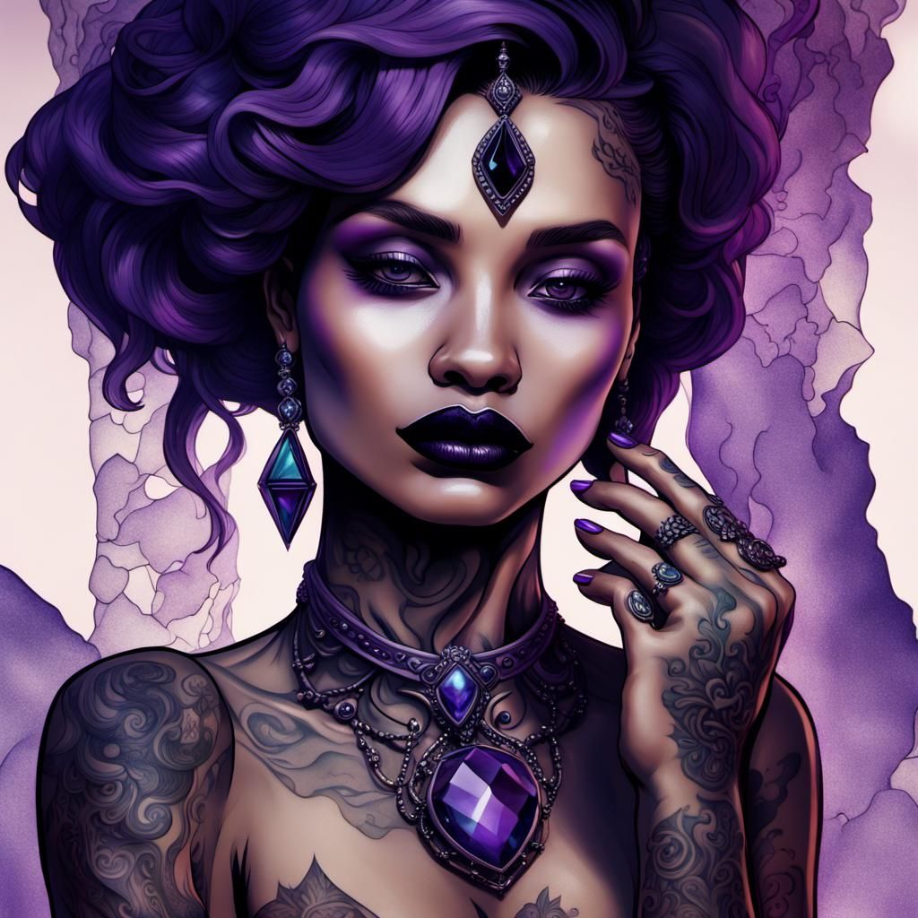 Woman with Black and Purple Lips and Gemstones