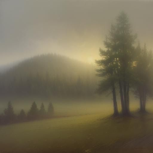 Serene Landscape Painting of Fog Rising on Hills