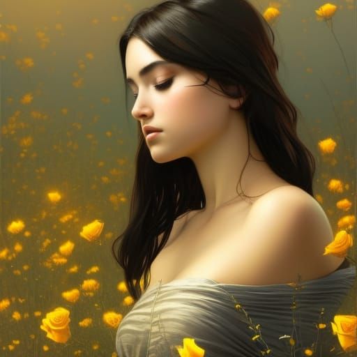 Girl in Golden Rose Field: Art Nouveau Portrait