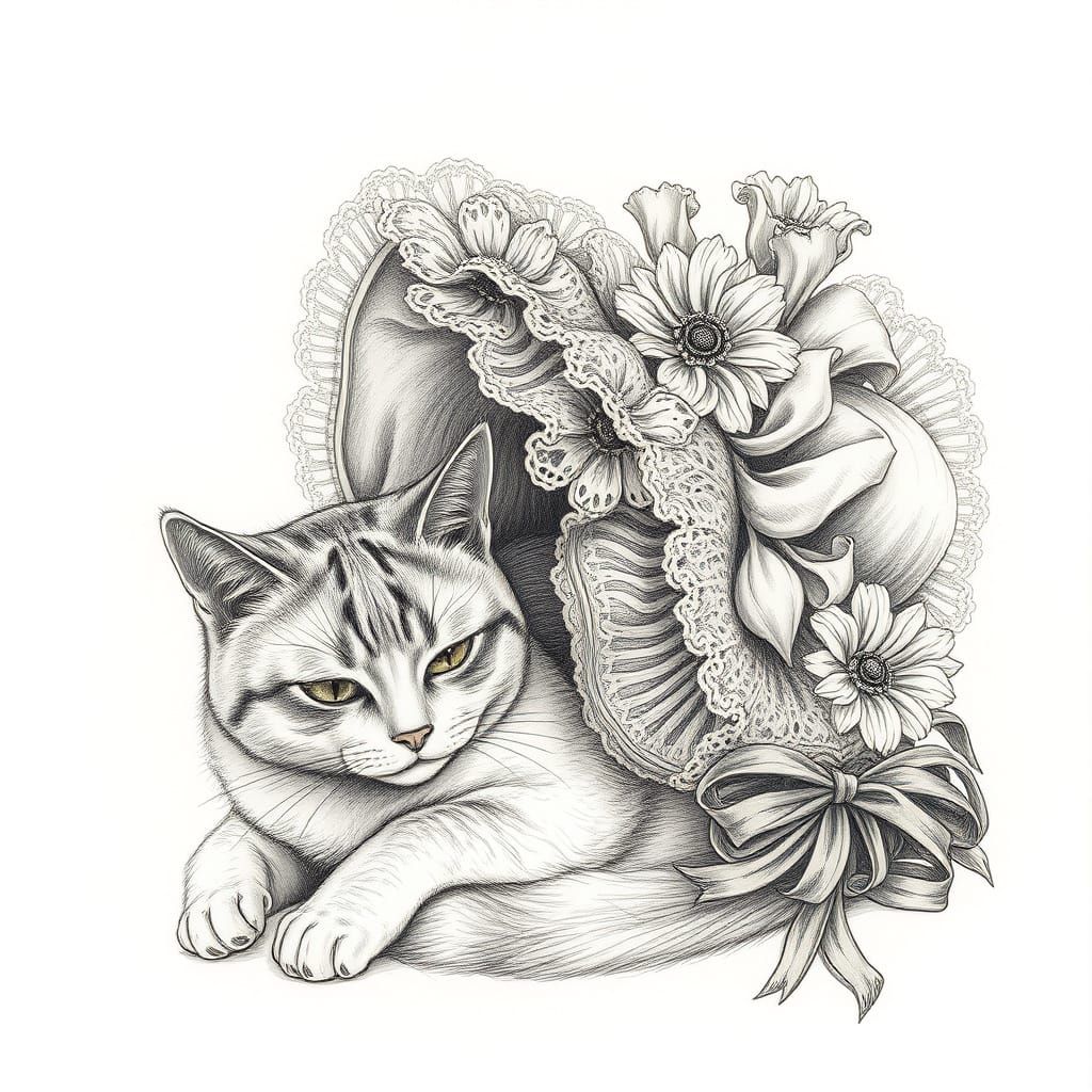 Elegant Cat Beside Vintage Hat in Pencil Sketch
