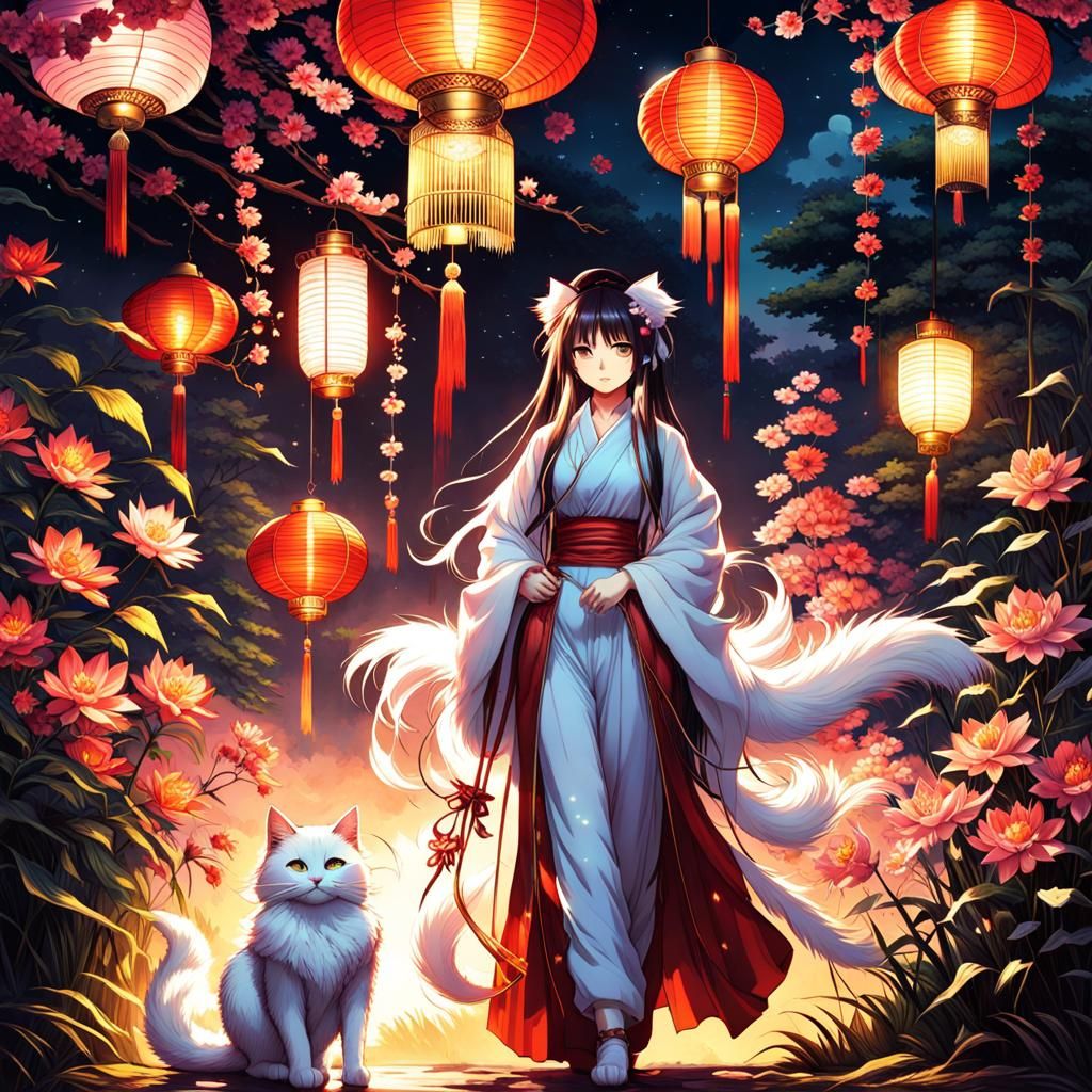 Anime Woman with Cat Tail and Lantern