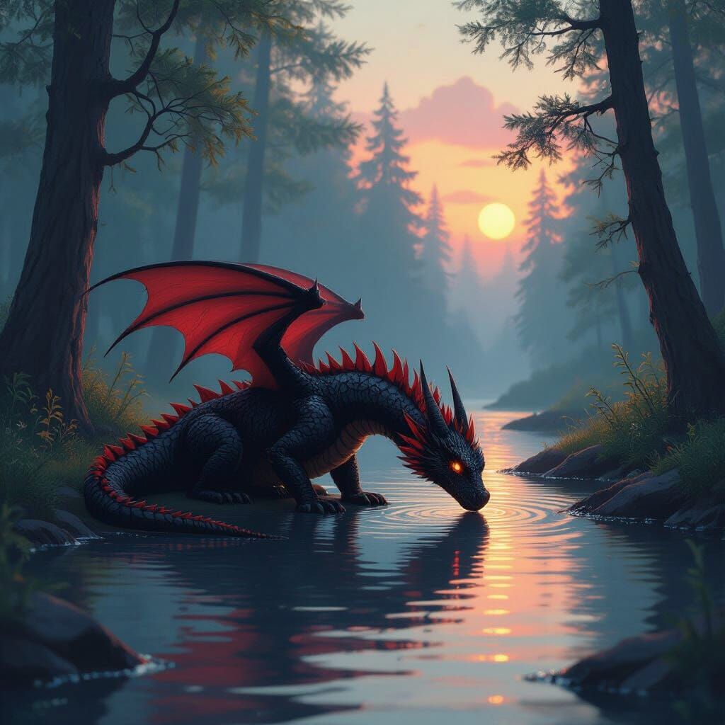 Dragon Sipping at Dusk: Digital Art Illustration