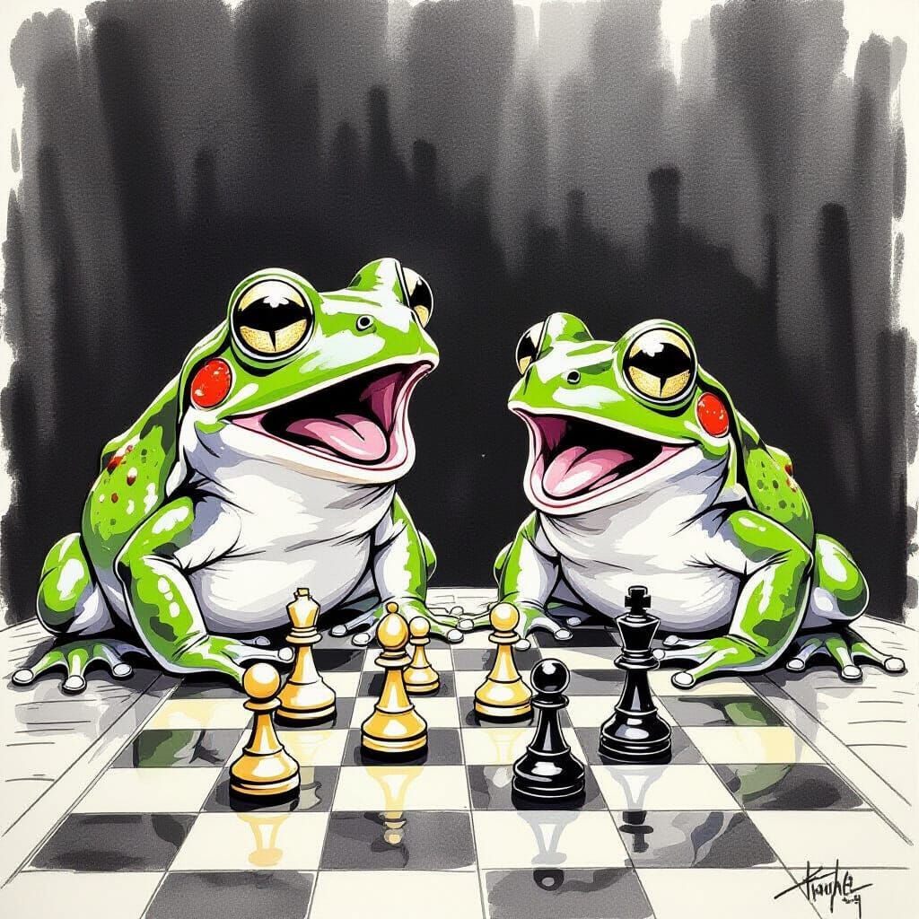 Surprised Frog Watching Chess in Dry Ink Style