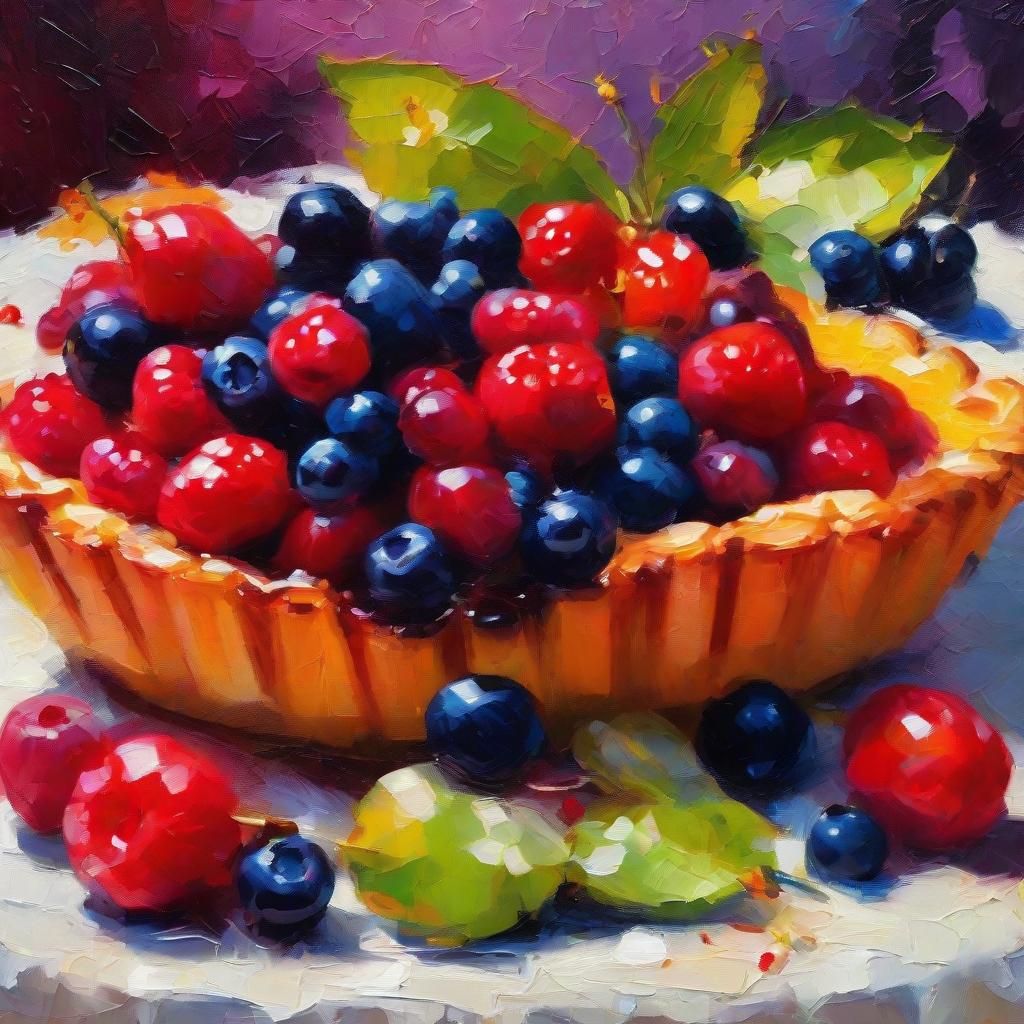 Vibrant Fruit Tart in Neo-Impressionist Oil Painting