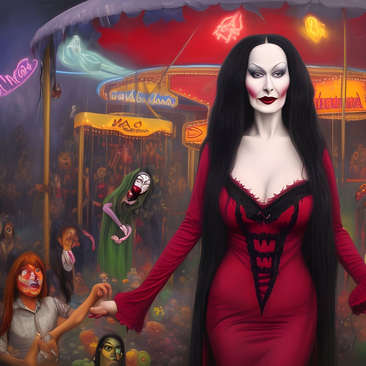 Morticia Addams' Unnerving Carnival Outing: Digital Painting