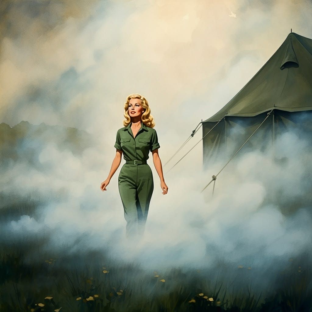 Blonde Woman Walks Through Fog: Watercolor Impressionism