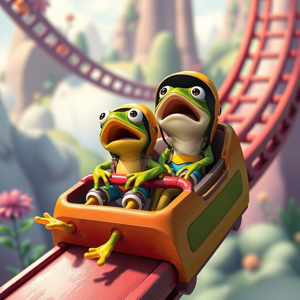 Frogs' Thrilling Roller Coaster Ride in Animated Style