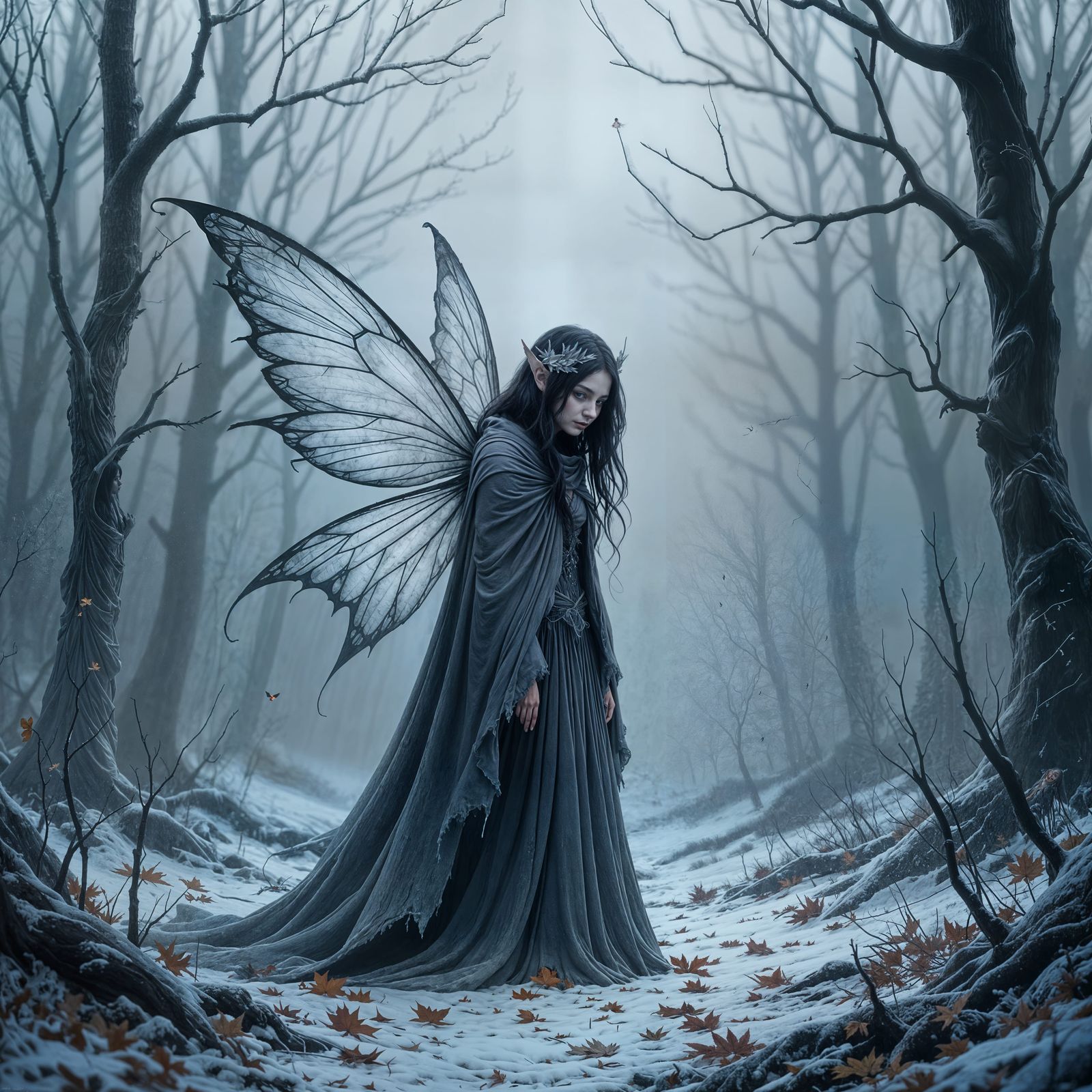 Winter Fairy in Bleak Forest with Silver Wings