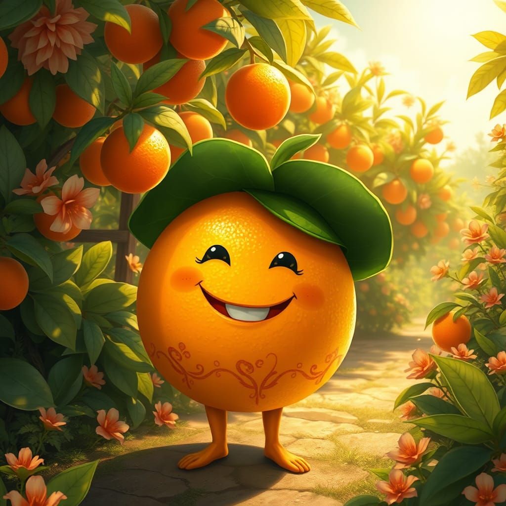 Anthropomorphic Orange in Citrus Grove, Art Nouveau Style