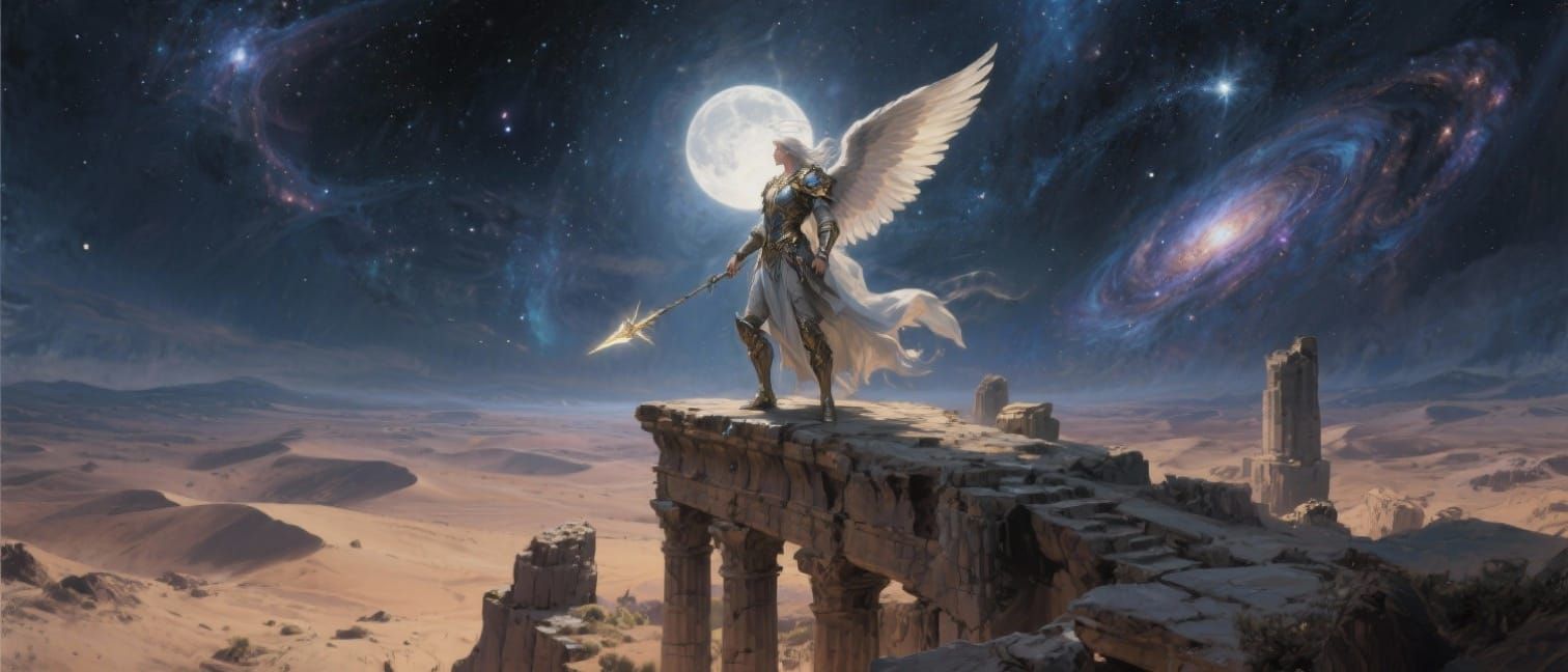 Celestial Warrior Angel Above Starlit Desert Ruins