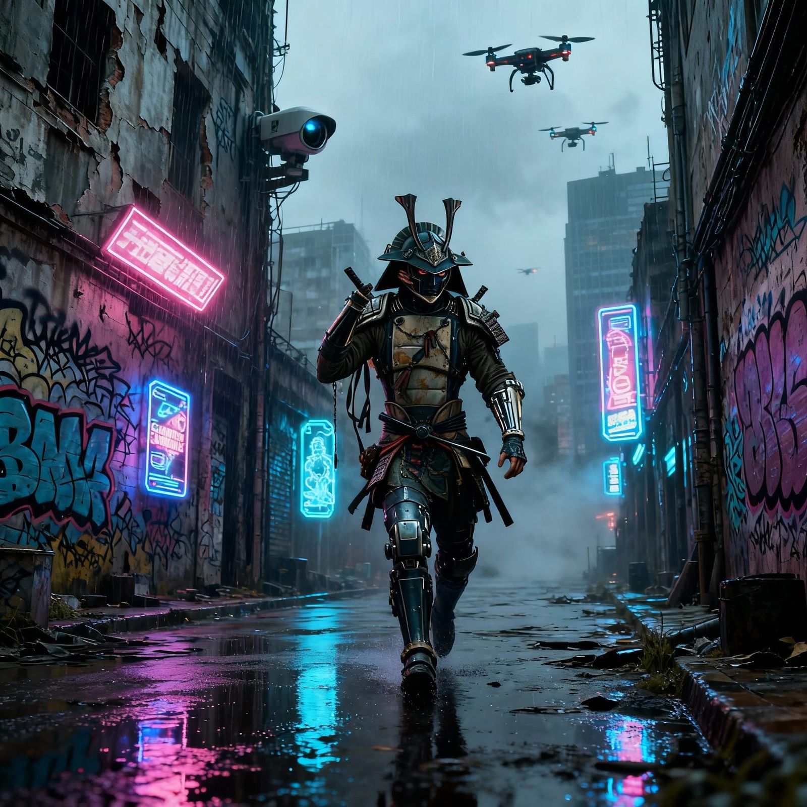 Cybernetic Warrior in Neon Metropolis Alleyway