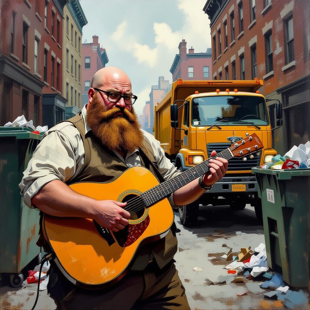 Bald Man With Guitar and Garbage Truck in Urban Realism