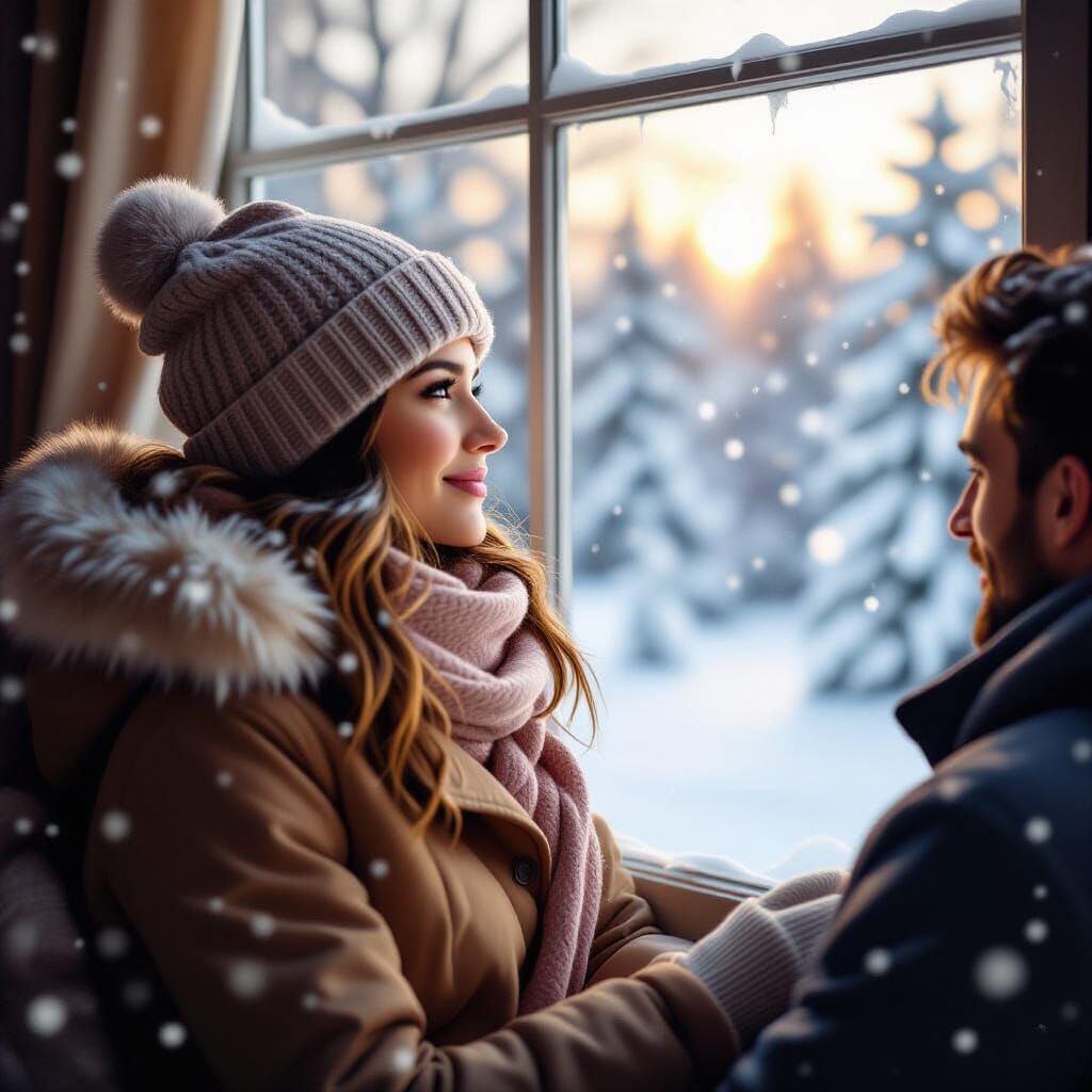 Cozy Winter Scene: Woman and Loved One Watch Snowfall
