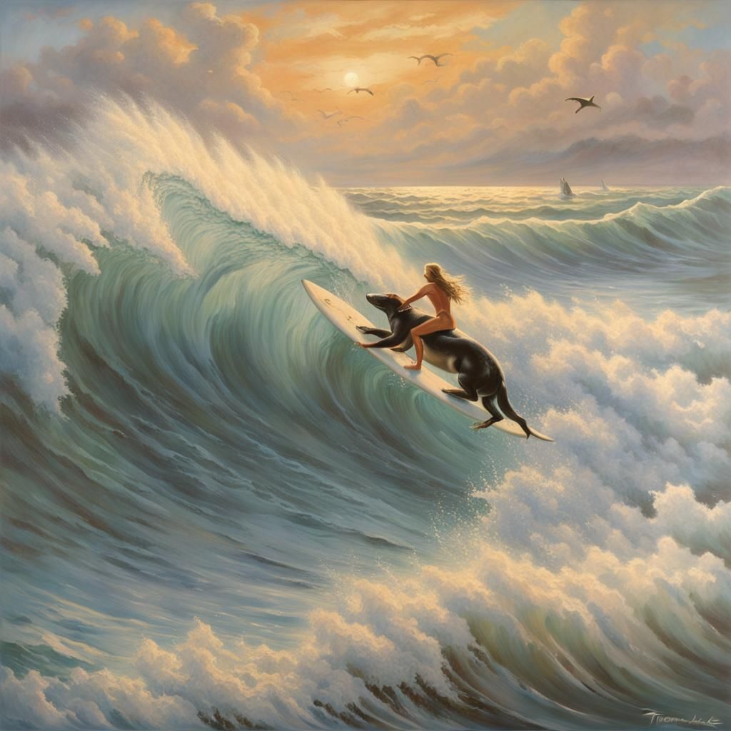 Female Surfer Rides Pale Orange Wave