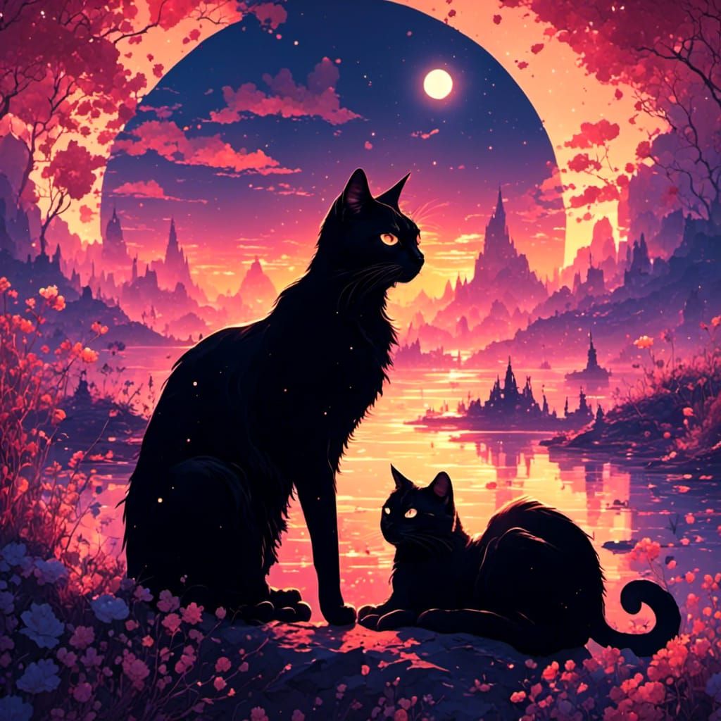 Black Cats Silhouetted in a Sunset
